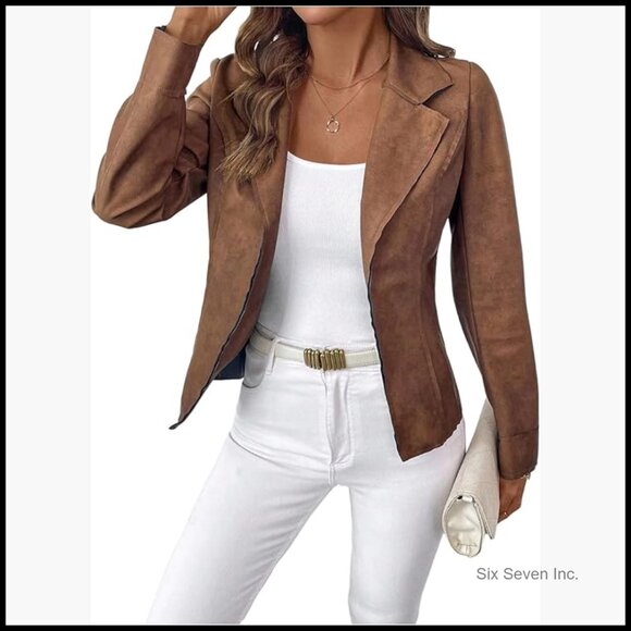 Jackets & Blazers - Faux Suede Blazer Jacket with Notch Collar and Open Front